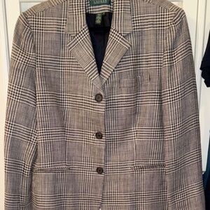 Lauren Ralph Lauren Womens 18 Linen Blazer Jacket Black Cream Plaid Houndstooth